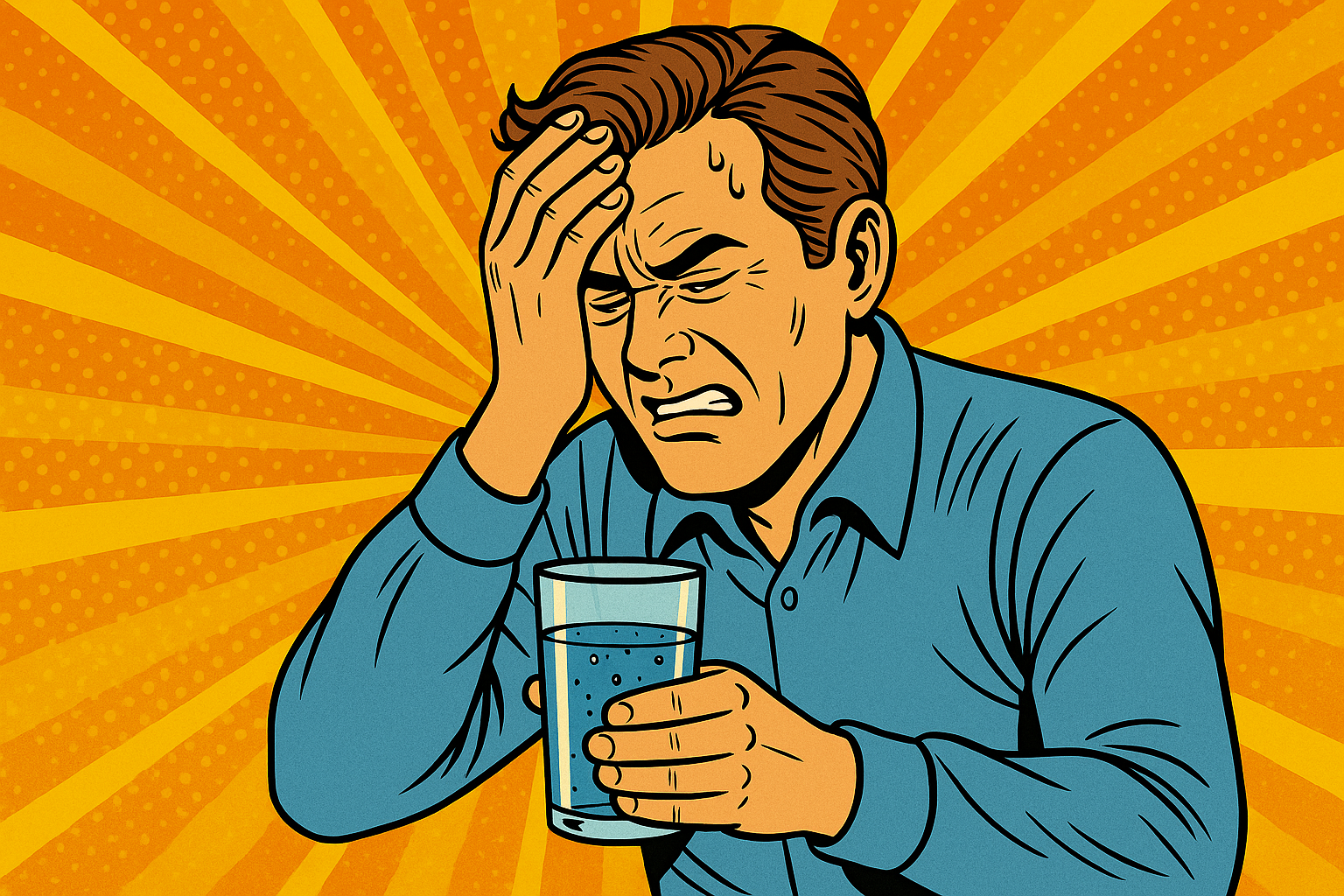 Fáradt férfi vizet iszik. oxidatív stressz