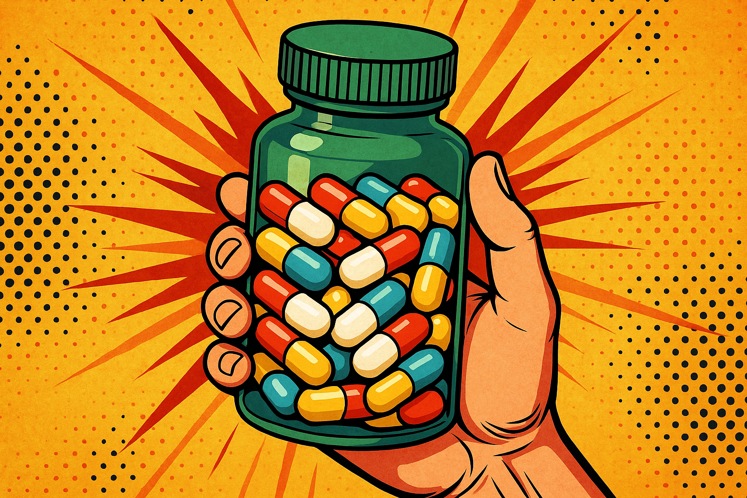 Kapszulák üvegben, színes gyógyszerek